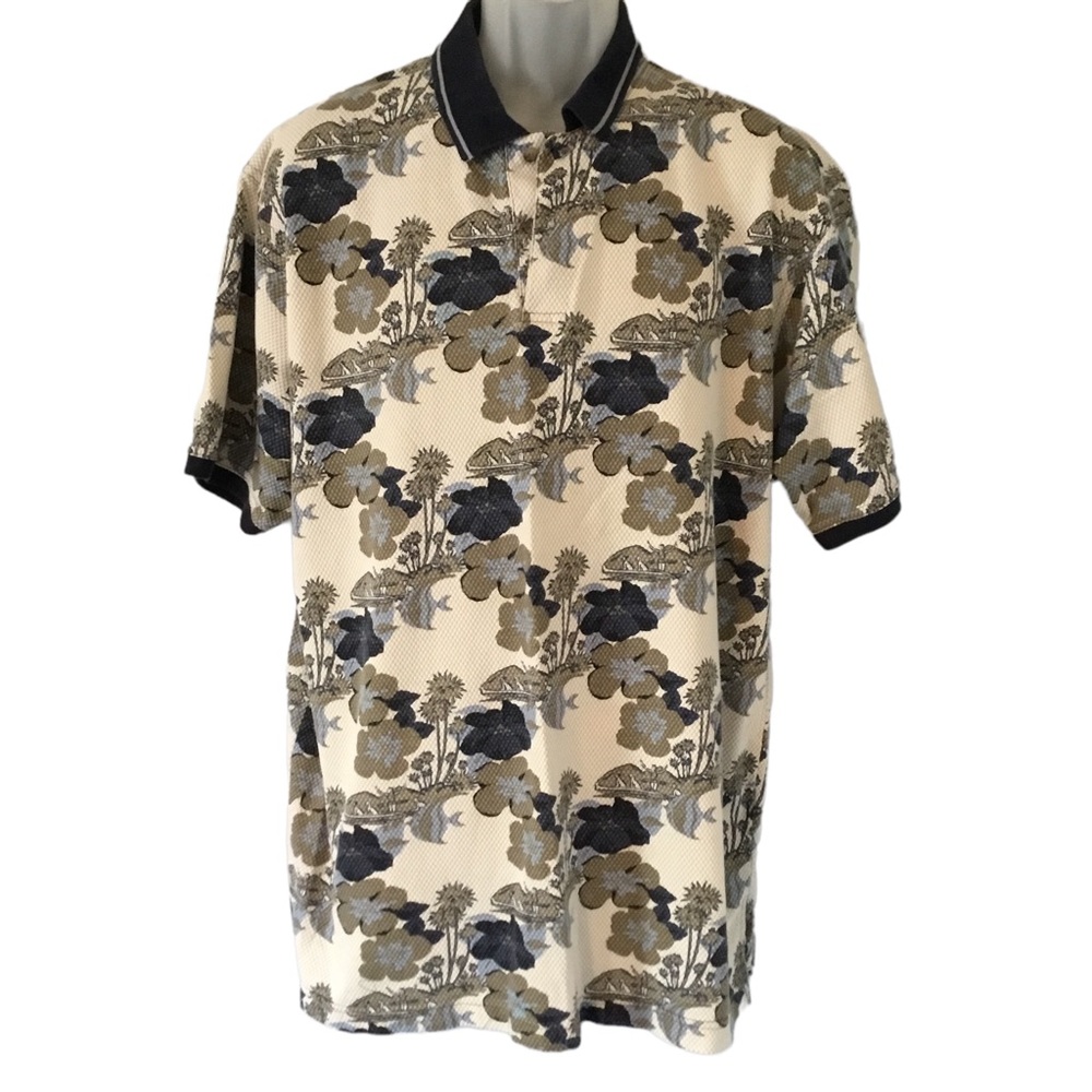 Bugle Boy men’s polo shirt. Cream colored with blue & khaki tropical print